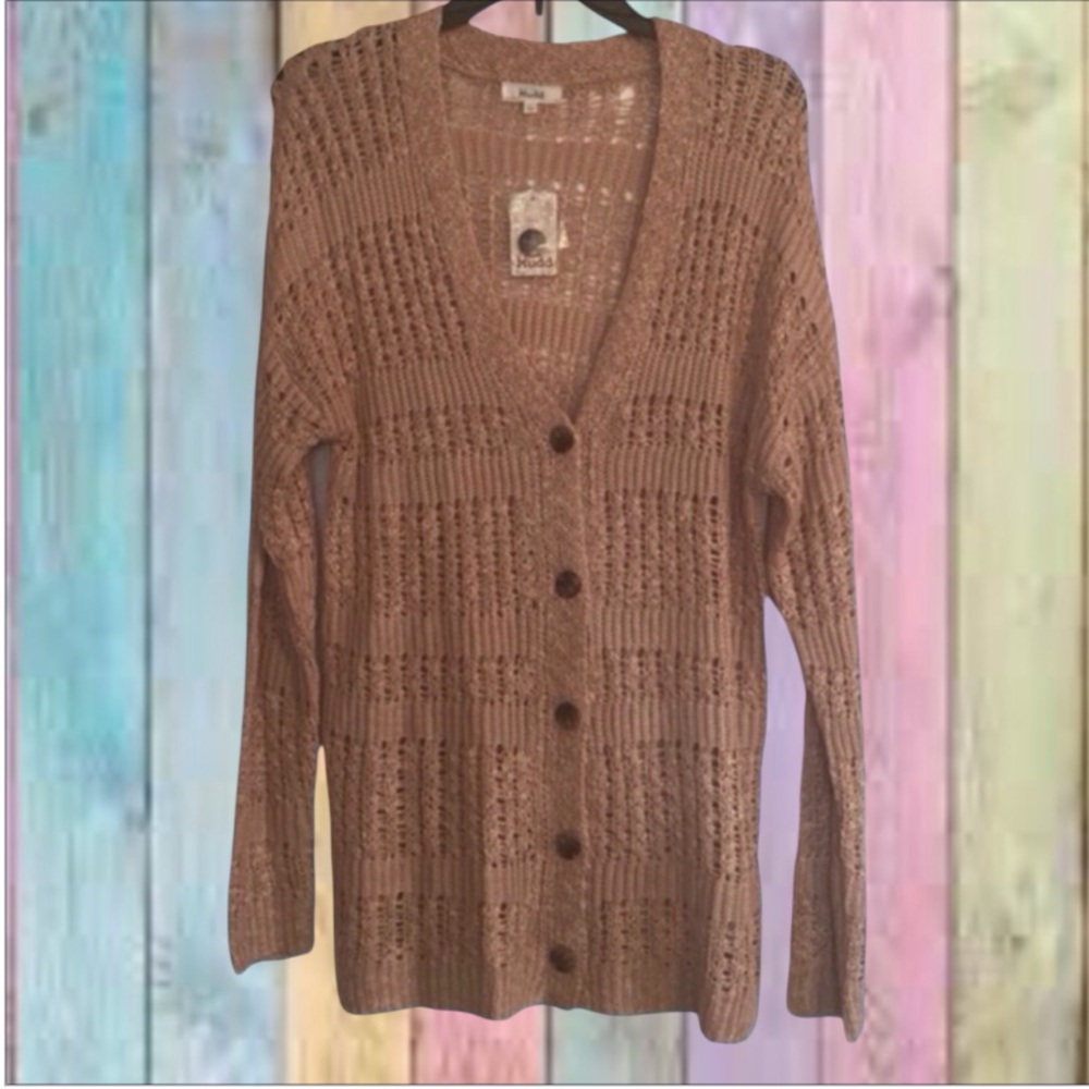 Mudd Tan Brown Button Up Open Knit Style Long Cardigan NWT